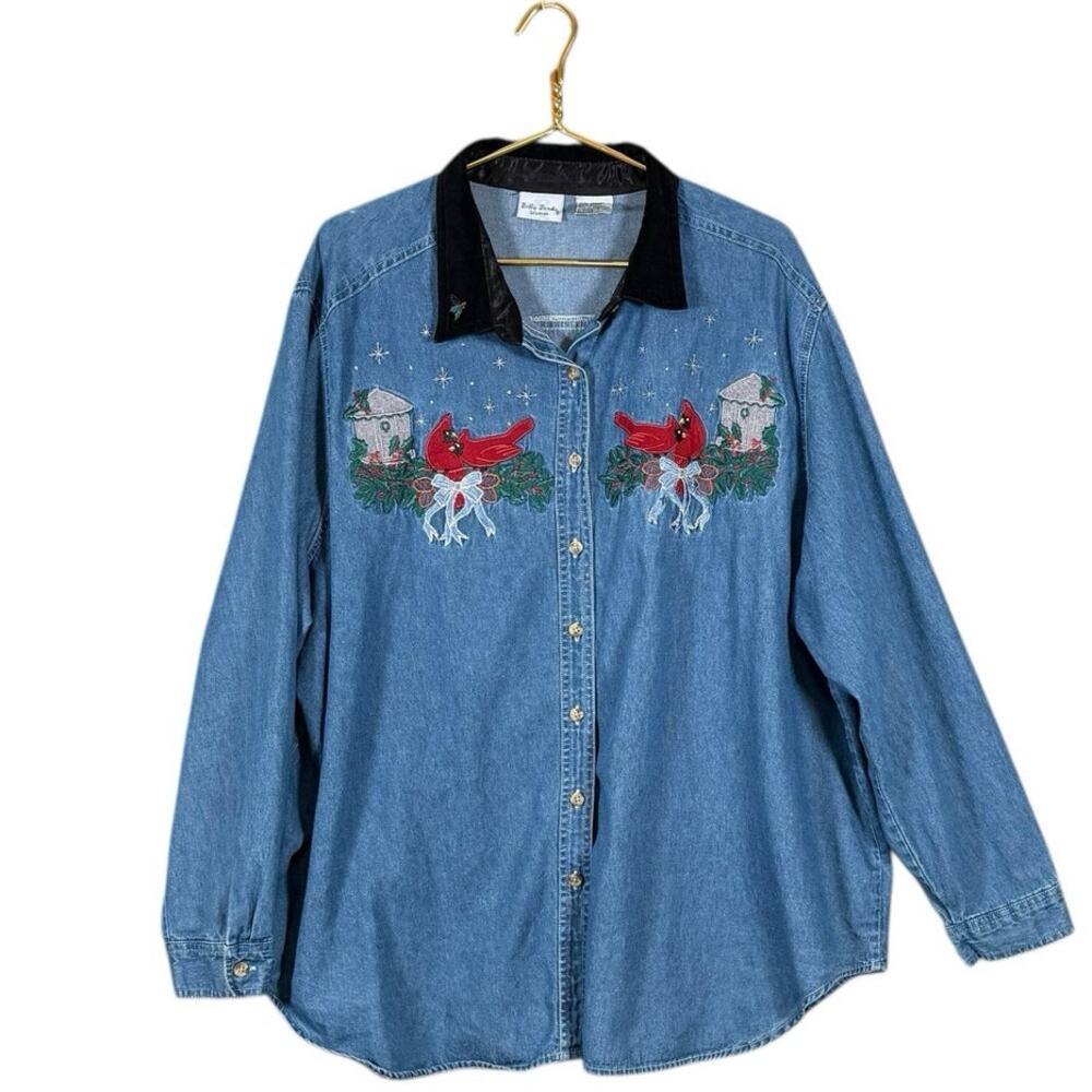 Bobbie Brooks Denim Shirt Embroidered Cardinals Christmas Top 26W / 28W